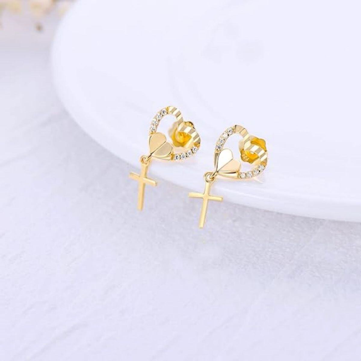 10K Gold Diamond & Moissanite Heart Stud Earrings-4