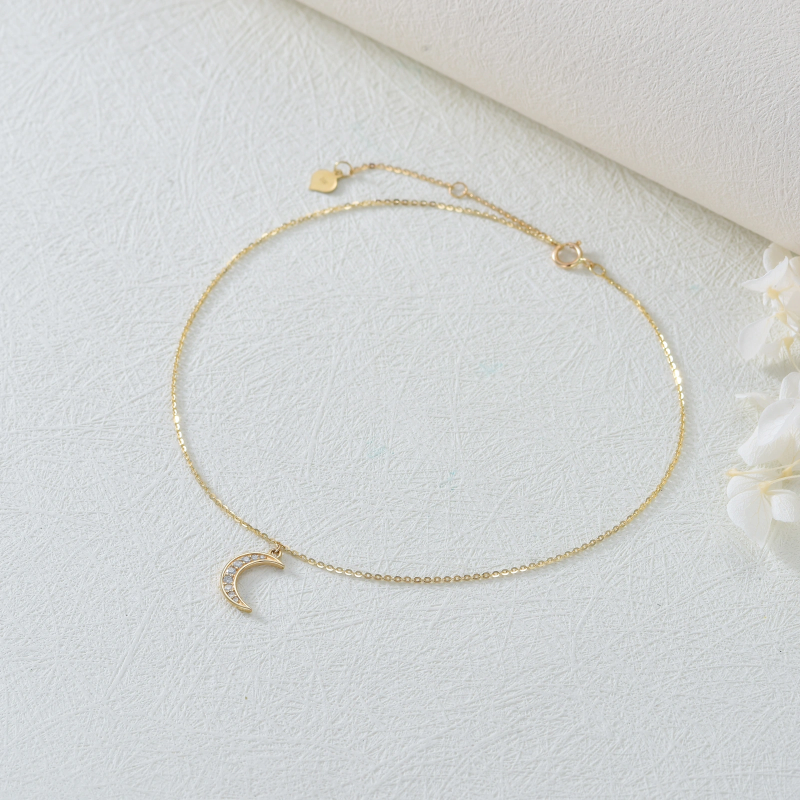 10K Rose Gold Round Cut Diamond Moon Single Layer Charm Anklet-3