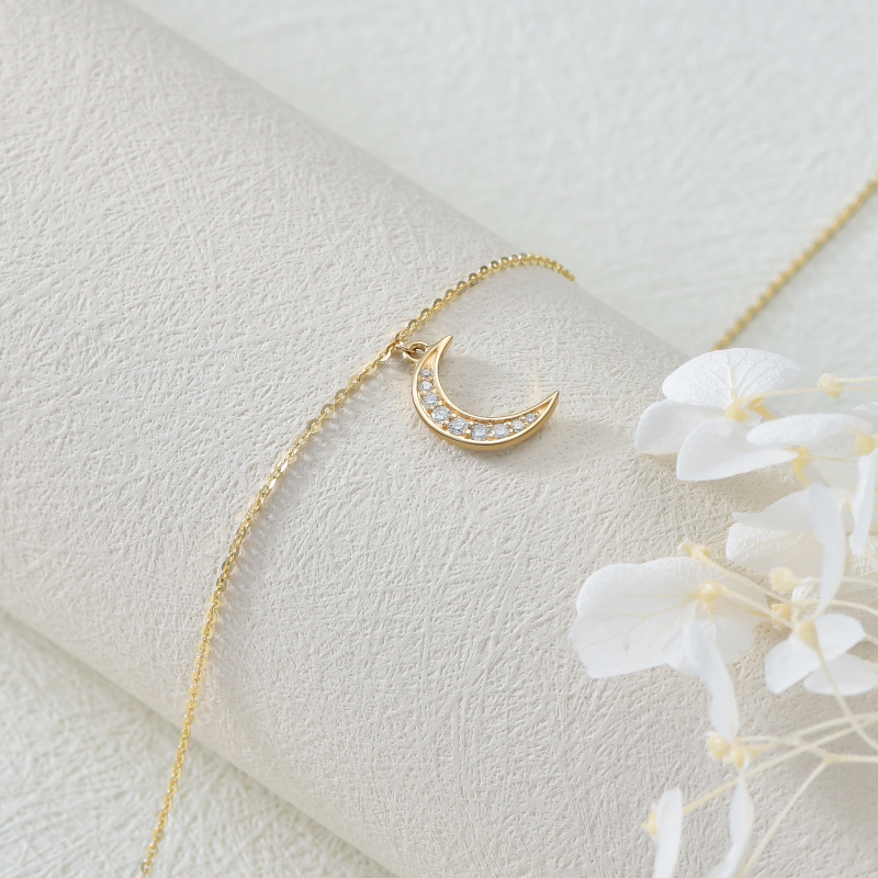 10K Rose Gold Round Cut Diamond Moon Single Layer Charm Anklet-4