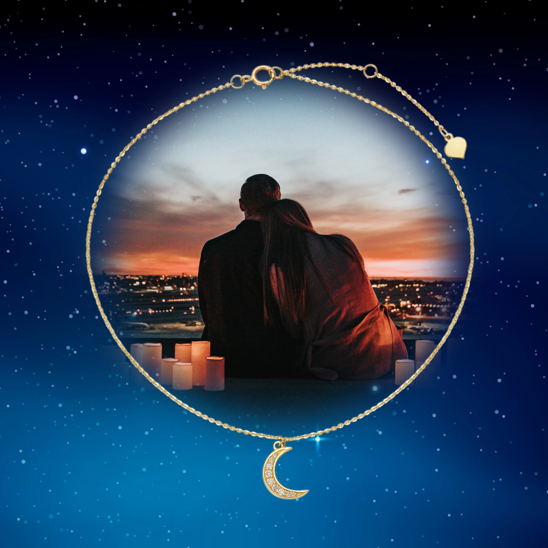 10K Rose Gold Round Cut Diamond Moon Single Layer Charm Anklet-6