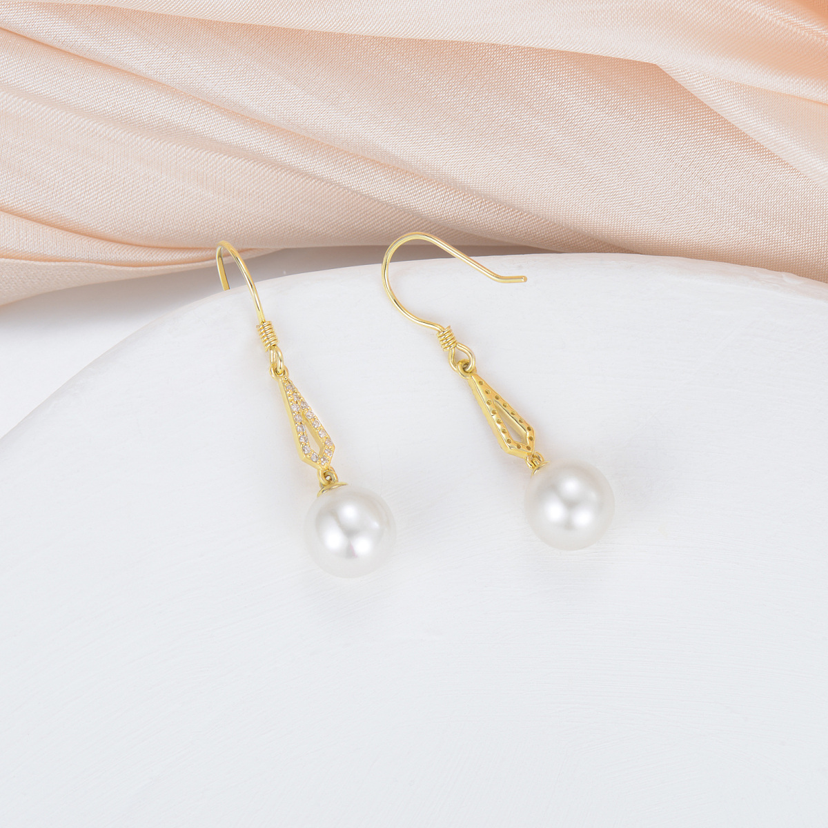 10K Gold Diamond & Pearl Drop Earrings-4