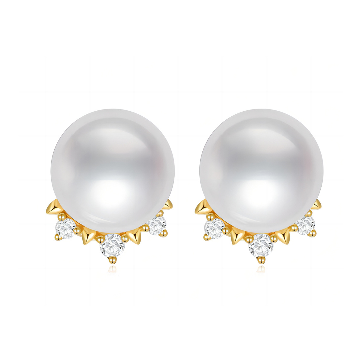 10K Gold Diamond & Pearl Spherical Stud Earrings-1