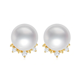 10K Gold Diamond & Pearl Spherical Stud Earrings-2