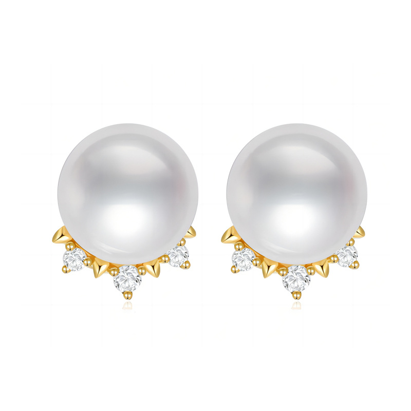 10K Gold Diamond & Pearl Spherical Stud Earrings