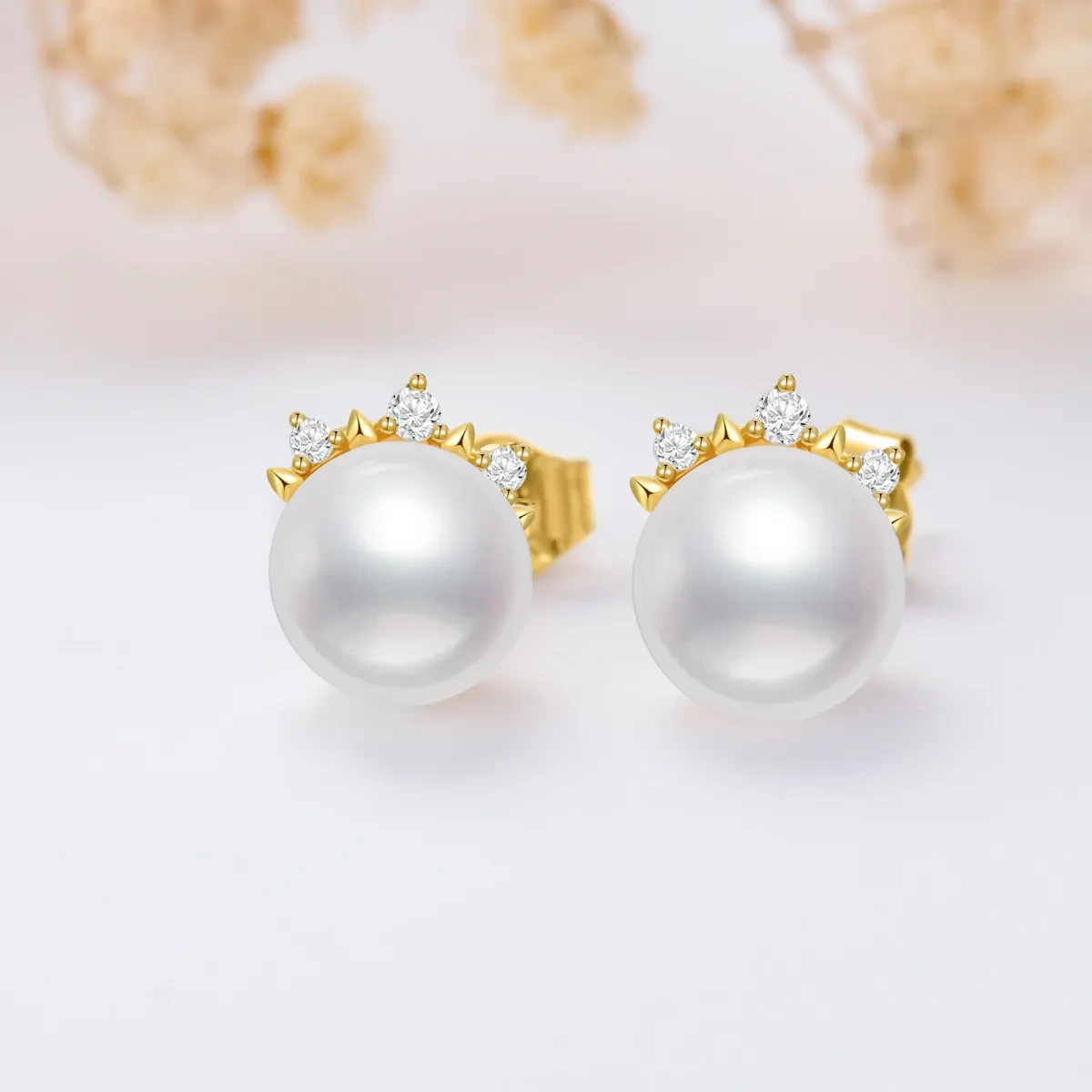 10K Gold Diamond & Pearl Spherical Stud Earrings-3