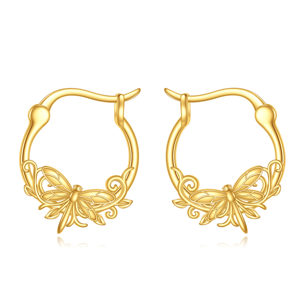 10K Gold Dragonfly Hoop Earrings-1