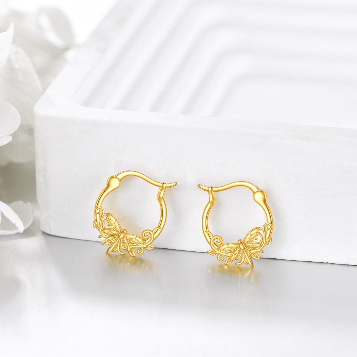 10K Gold Dragonfly Hoop Earrings-4