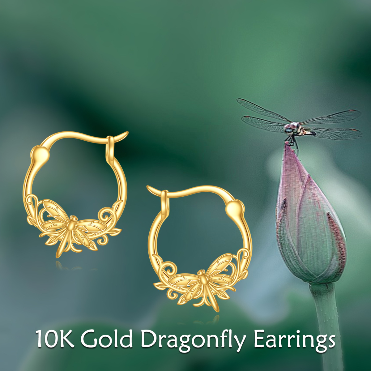 10K Gold Dragonfly Hoop Earrings-6