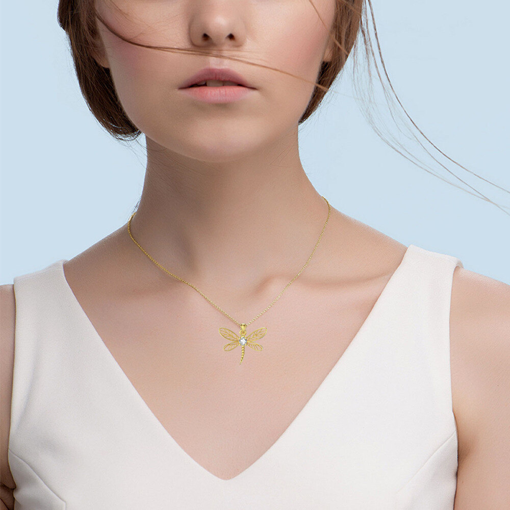 10K Gold Cubic Zirconia Dragonfly Pendant Necklace-2
