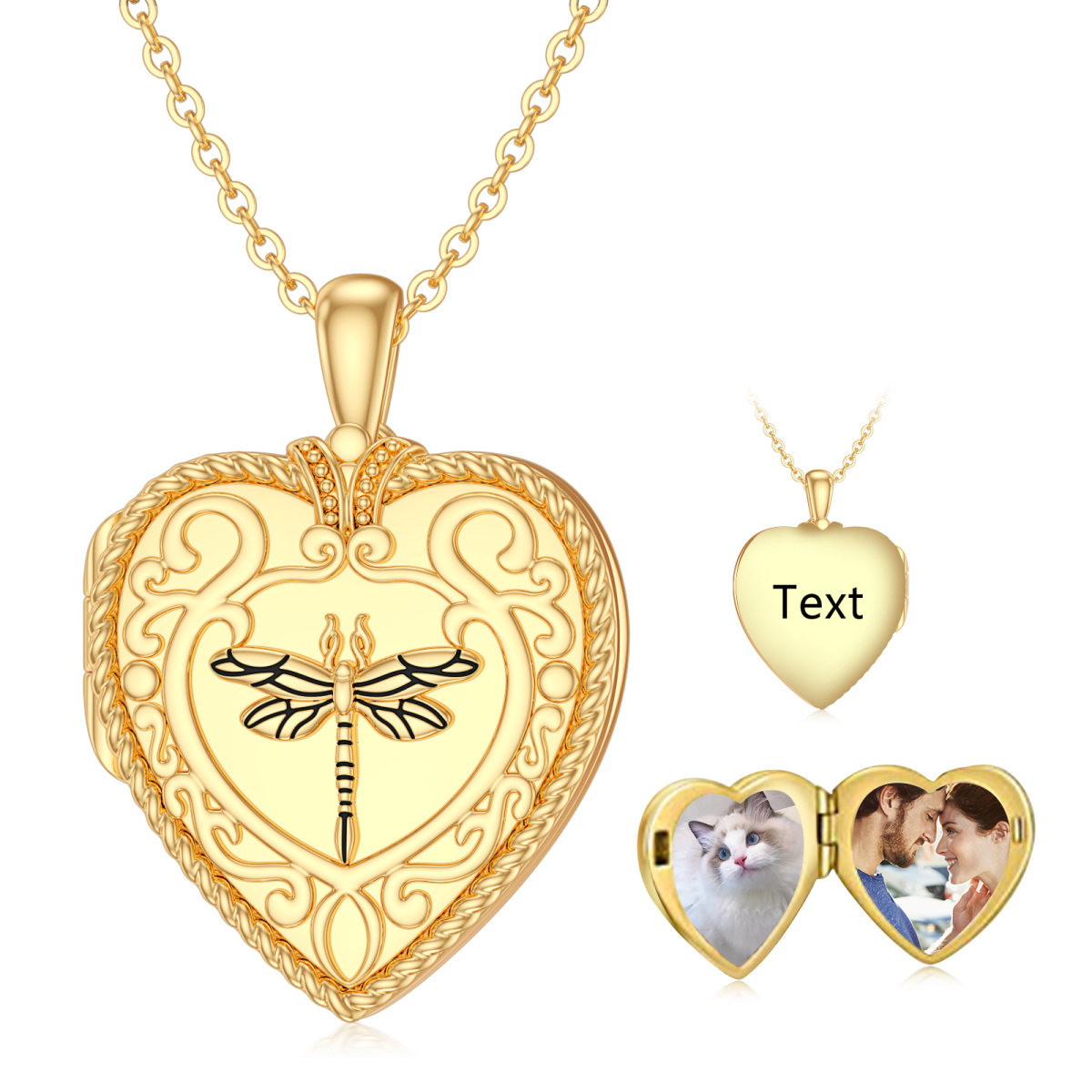 10K Gold Dragonfly & Personalized Photo Pendant Necklace-3