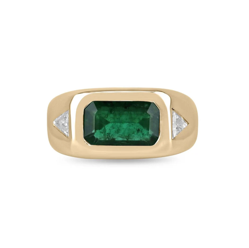 10K Gold East to West Rich Forest 3.75 CT.T.W. Green Emerald & Diamond Triangle Three Stone Ring-1
