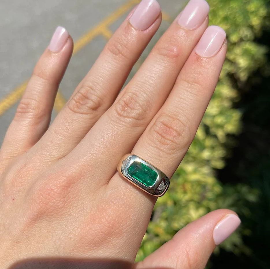 10K White Gold East to West Rich Forest 3.75 CT.T.W. Green Emerald & Diamond Triangle Three Stone Ring-2