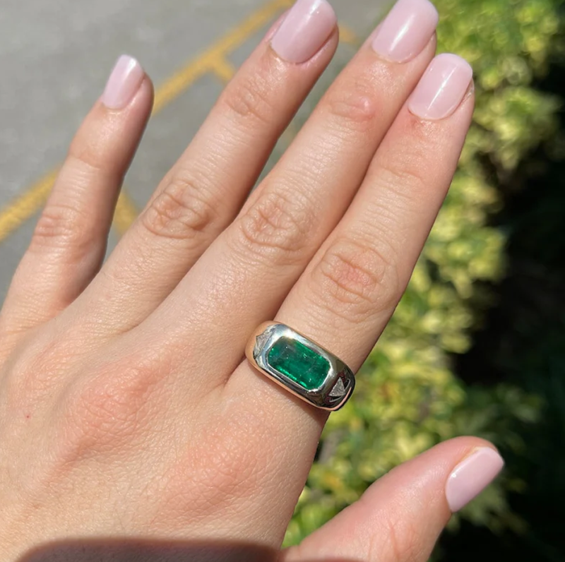 10K White Gold East to West Rich Forest 3.75 CT.T.W. Green Emerald & Diamond Triangle Three Stone Ring-2