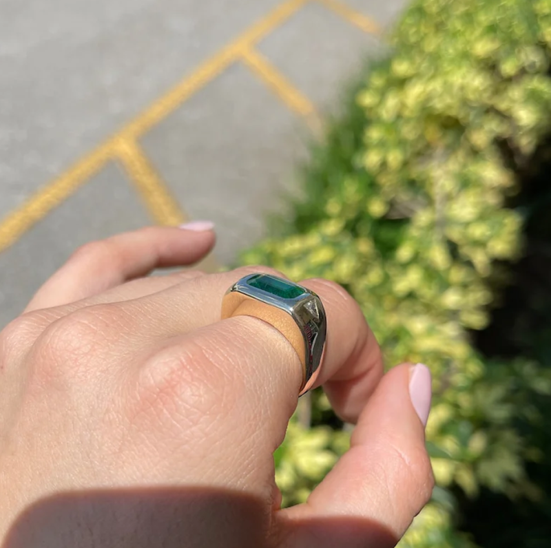 10K White Gold East to West Rich Forest 3.75 CT.T.W. Green Emerald & Diamond Triangle Three Stone Ring-3