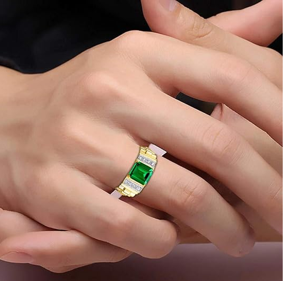 10K Gold Emerald & 0.16 CT.T.W. Diamond Wedding Ring for Men-2