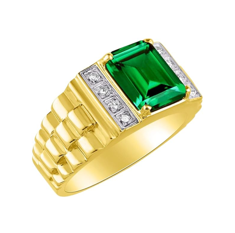 Aliança de casamento para homem em ouro 10K com esmeralda e diamante de 0,16 CT.T.W.-3