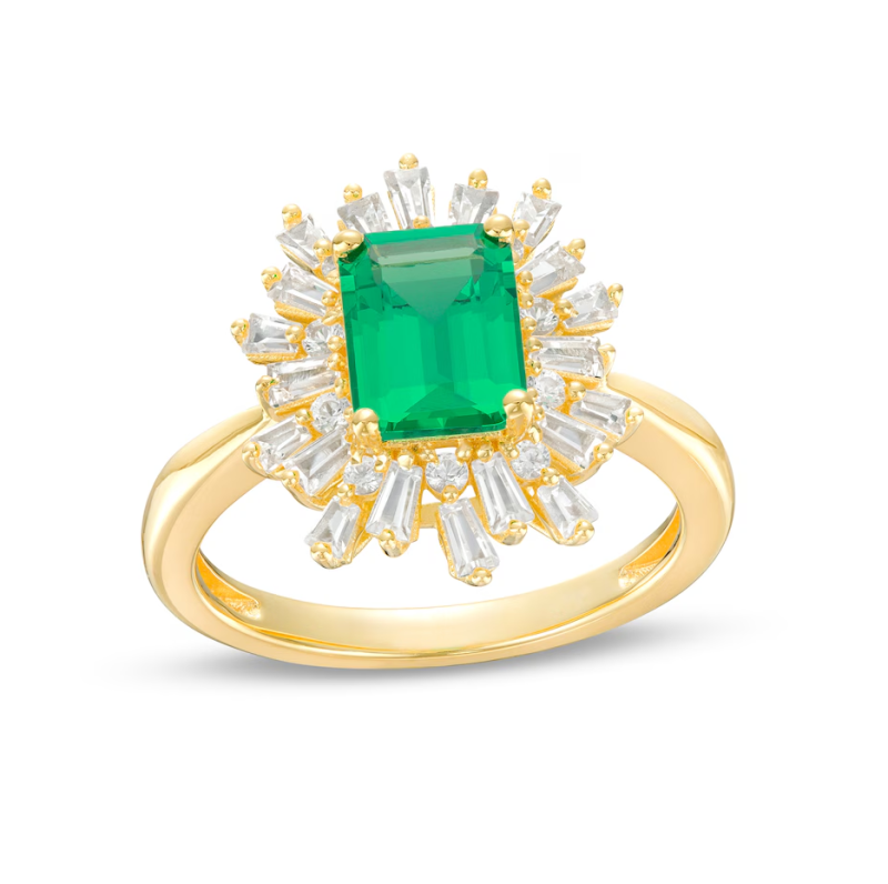 10K Gold Emerald Cut Emerald & Diamond Starburst Frame Engagement Band-1