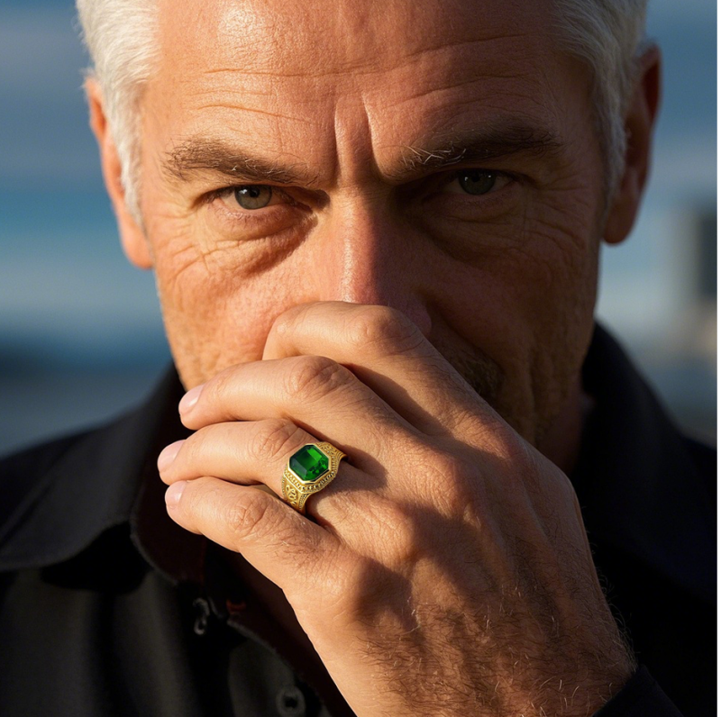 10K Gold Emerald Cut Emerald Stetament Band Father’s Day Gifts for Husband Father Grandpa-2