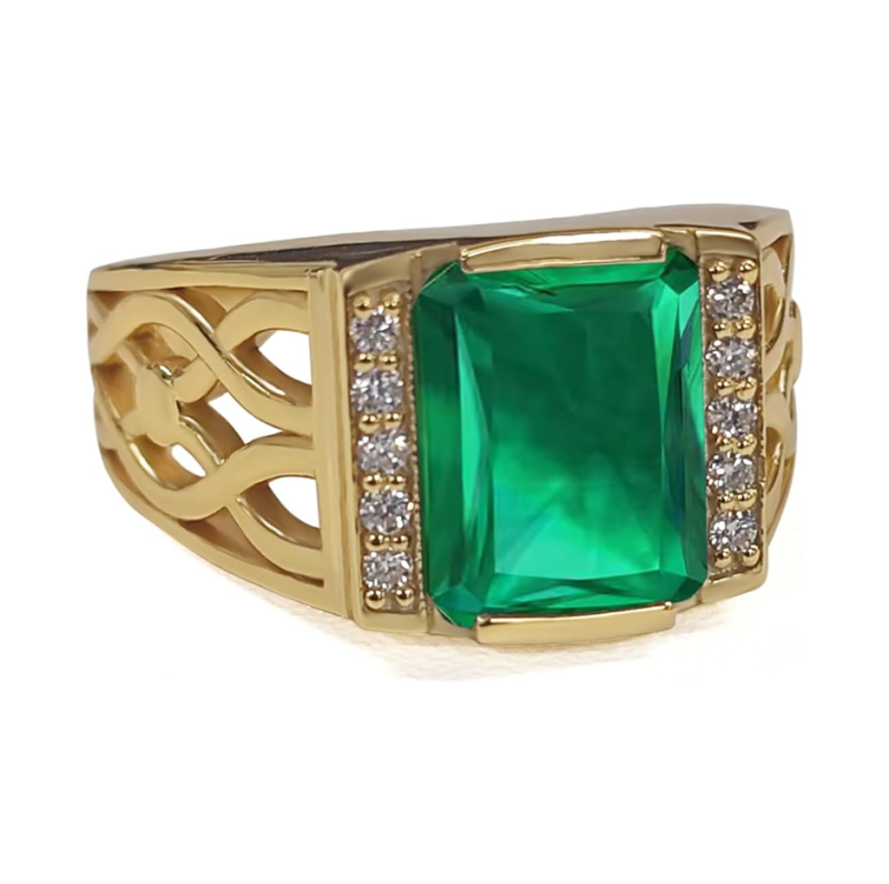 10K Gold Emerald Cut Lab Created Emerald & Diamond Wedding Band for Birthday Anniversary Christmas Fathers Day-1