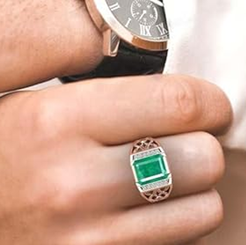 10K Gold Emerald Cut Lab Created Emerald & Diamond Wedding Band for Birthday Anniversary Christmas Fathers Day-2