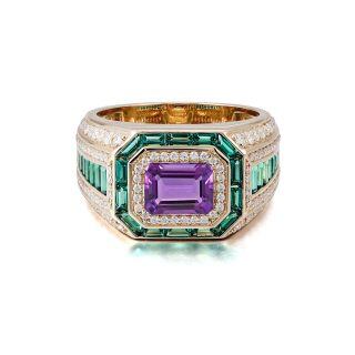 10K Gold Emerald Cut Large Center Stone Amethyst Ring for Men-2