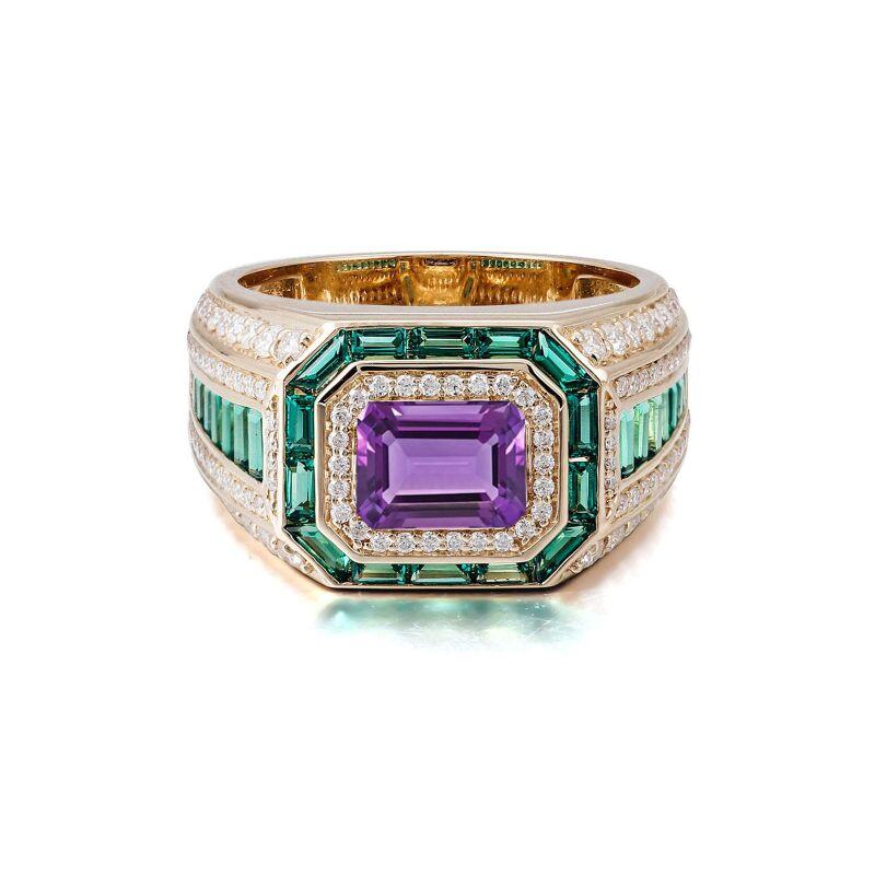 Anel masculino de ouro 10K com corte esmeralda e pedra central grande de ametista-19