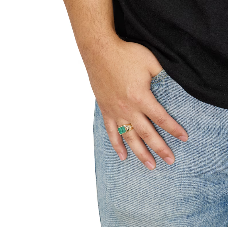 10K Gold Emerald Cut Malachite Chain Link Wedding Band for Men-2