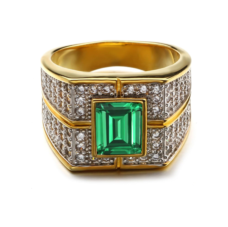 10K Gold Emerald Cut Emerald & Moissanite Wedding Band Best Gift for Husband-1