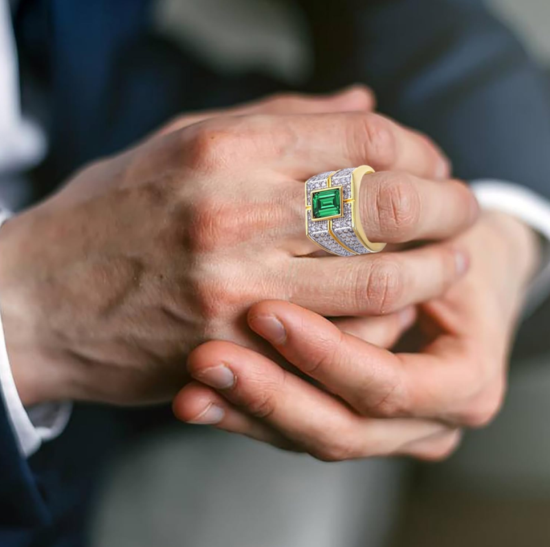 10K White Gold Emerald Cut Emerald & Moissanite Wedding Band Best Gift for Husband-2