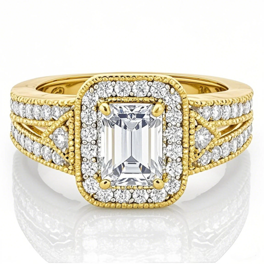 10K Gold Emerald Cut Vintage Moissanite Engagement Ring
