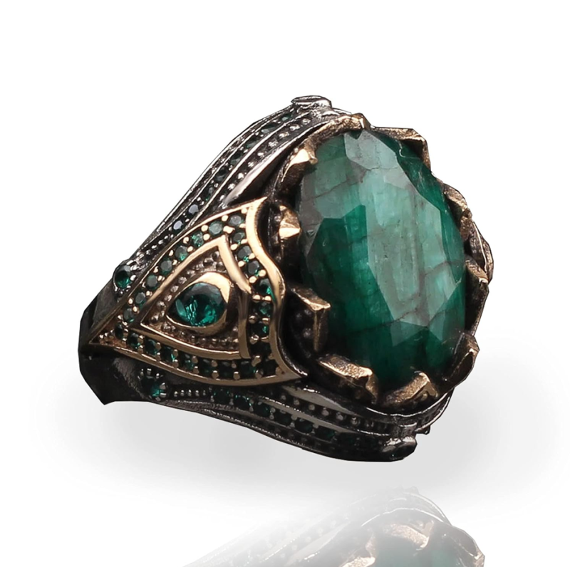 Pulseira turca masculina de ouro 10K com esmeralda gravada à mão para presente de dia dos namorados-3