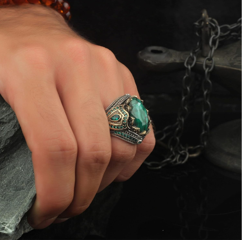 10-karatowe złoto ze szmaragdem, ręcznie grawerowany prezent walentynkowy, turecki pasek dla mężczyzn-3