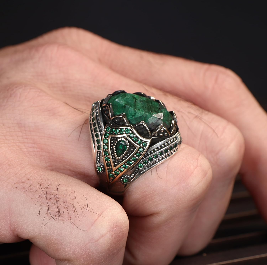 10K Gold Emerald Handmade Engraved Valentines Day Gifts Turkish Band for Men-2