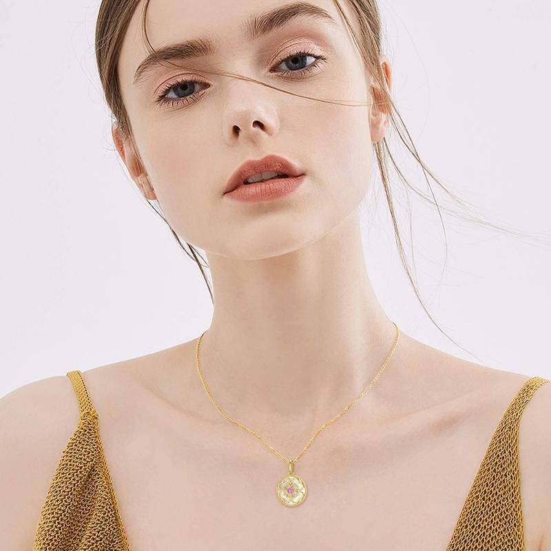 قلادة من الذهب الأبيض عيار 10 قيراط مرصعة بالزركونيا المكعبة على شكل برسيم بأربع أوراق-5