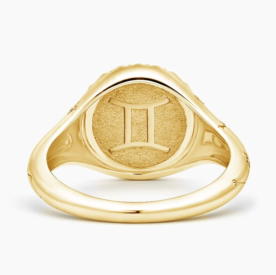 Zodíaco de Gémeos em ouro 10K 0,02 CT.T.W. Aliança de Sinete Redonda com Diamante Natural-3