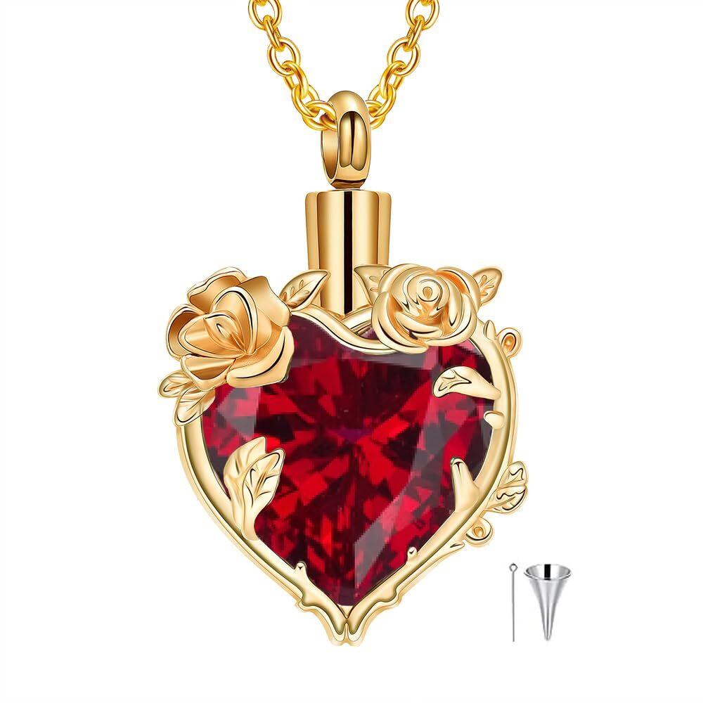 10K Gold Gemstone Personalized Birthstone Flower Cremation Urn Necklace for Ashes-1