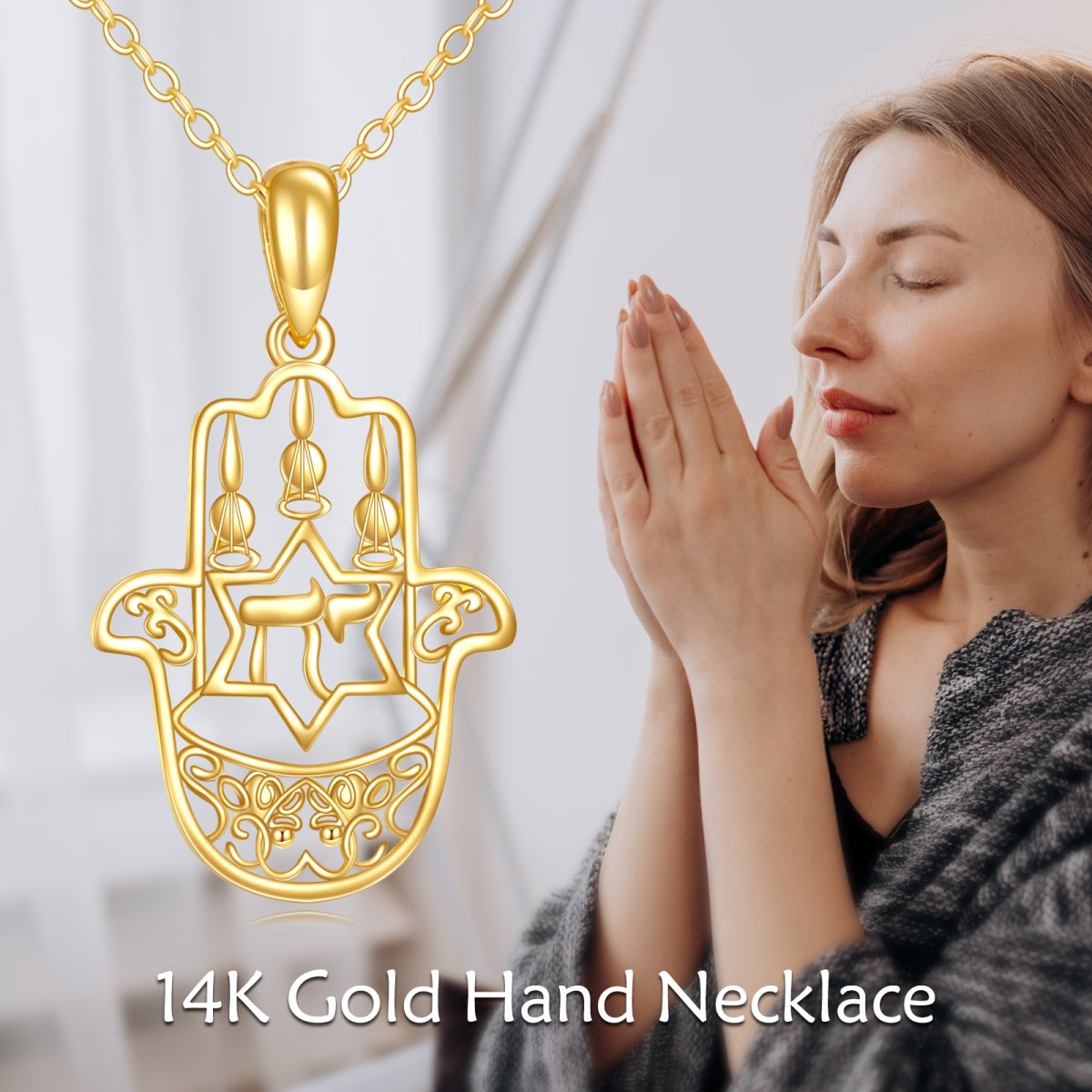 14K Gold Hamsa Hand Pendant Necklace-6