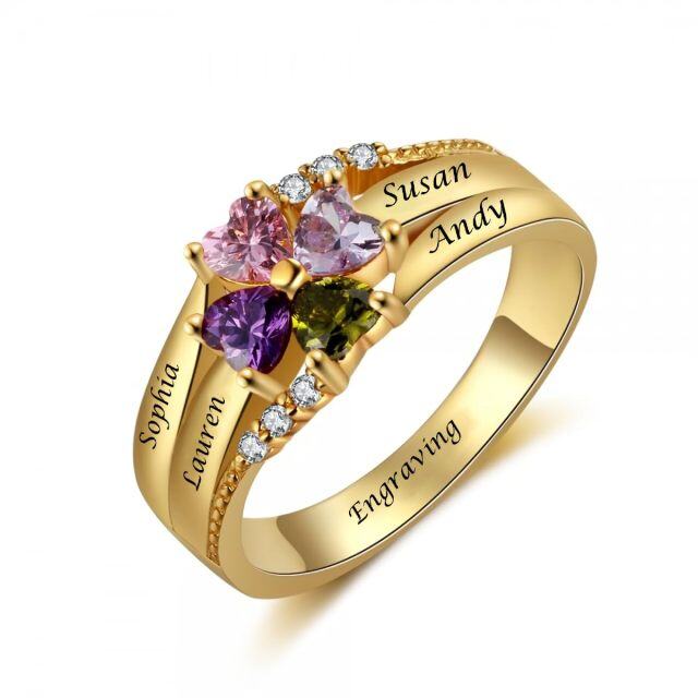 10K Gold Herz Zirkonia Kleeblatt personalisierter Name Geburtsstein Ring-1