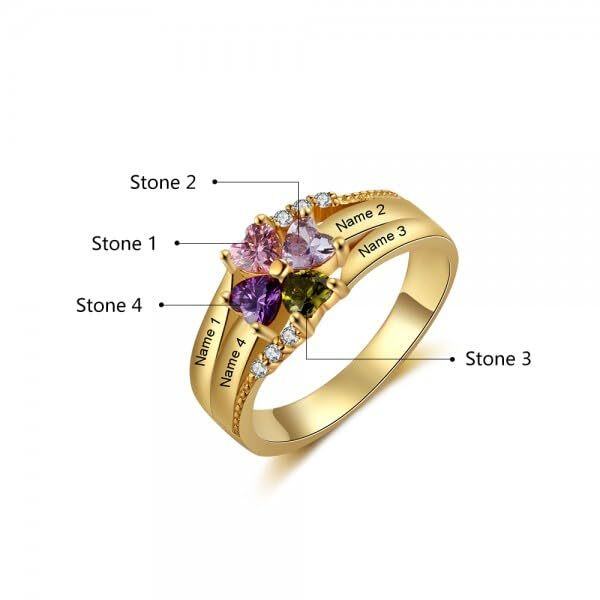 10K Gold Heart Cubic Zirconia Clover Personalized Name Birthstone Ring-4