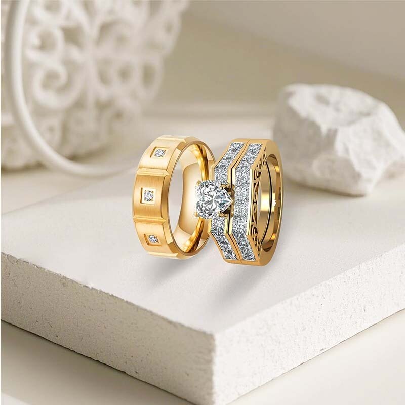 10K Gold Herzschliff Partnerringe, Ehering-Sets für Damen und Herren-2