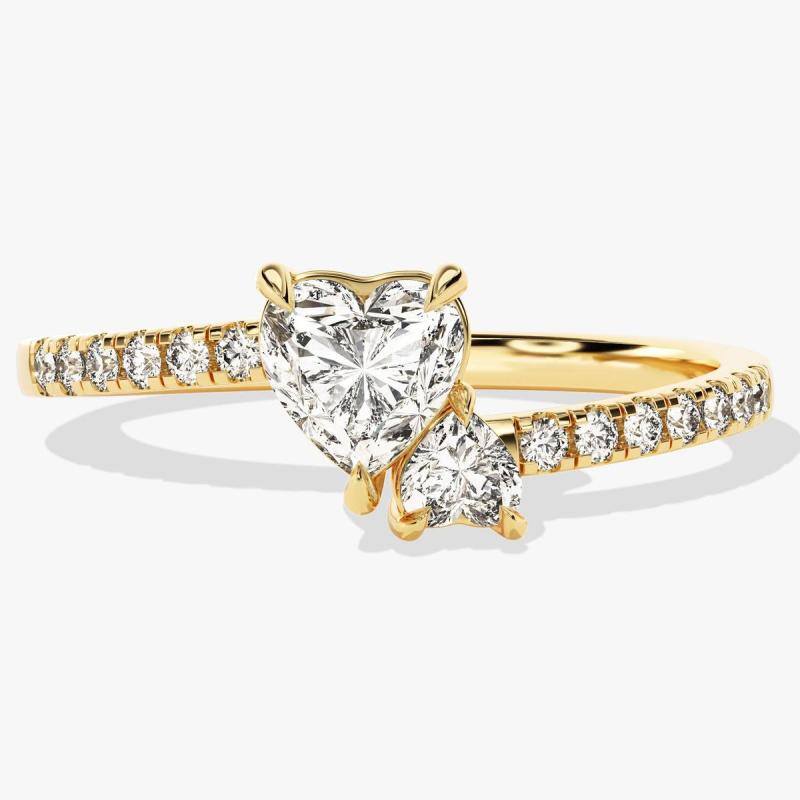 10K Gold Two Heart Cut Halo Moissanite Engagement Ring-1