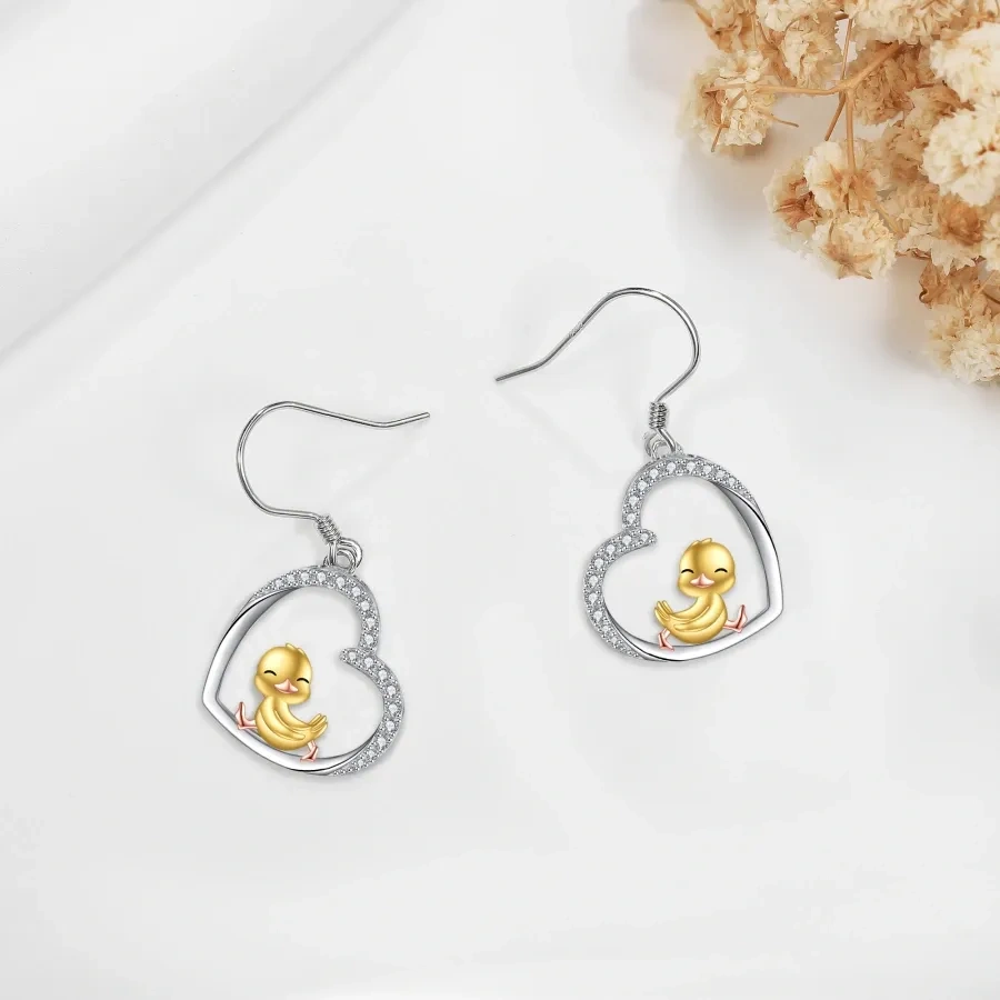 10K Gold Cubic Zirconia Duck Heart Drop Earrings for Women-3