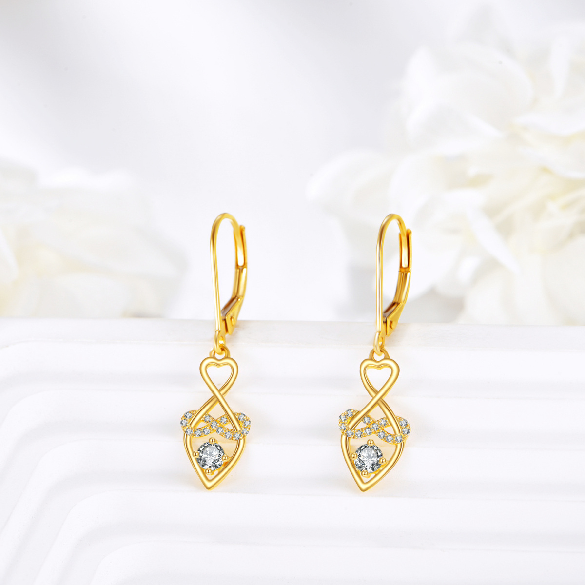 10K Gold Cubic Zirconia Heart Drop Earrings-4