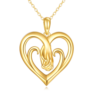 10K Gold Interlocking Hearts & Hold Hands Pendant Necklace For Mother-4