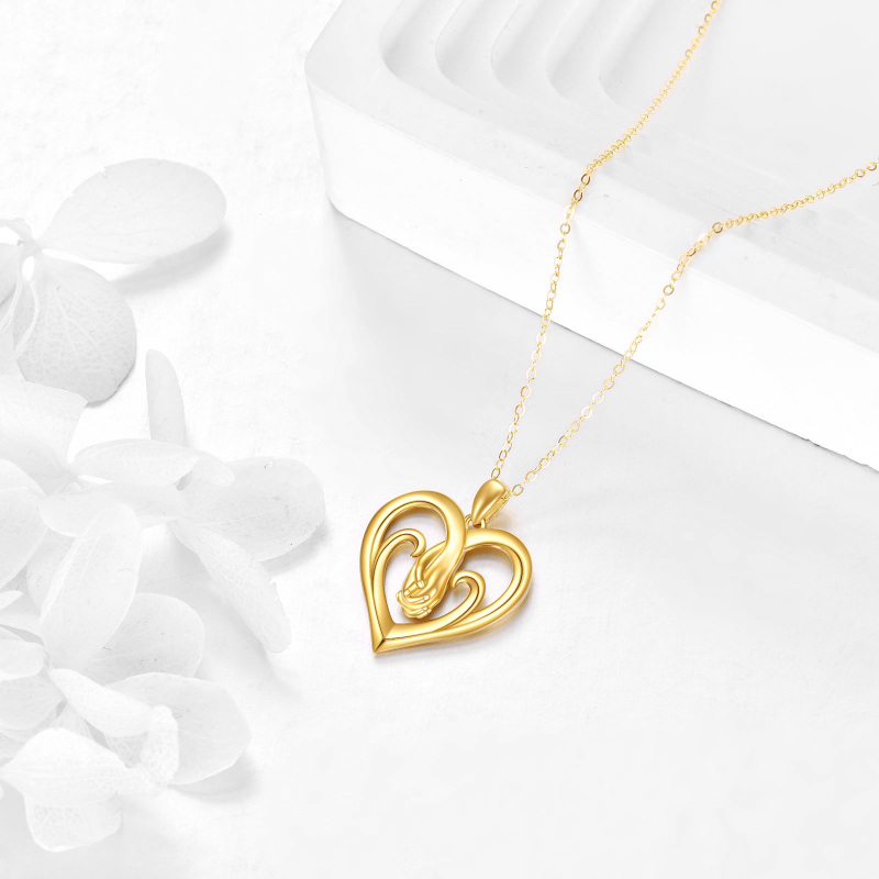 10K Gold Interlocking Hearts & Hold Hands Pendant Necklace For Mother-4