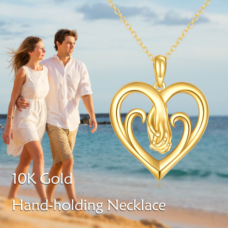 10K Gold Interlocking Hearts & Hold Hands Pendant Necklace For Mother-5