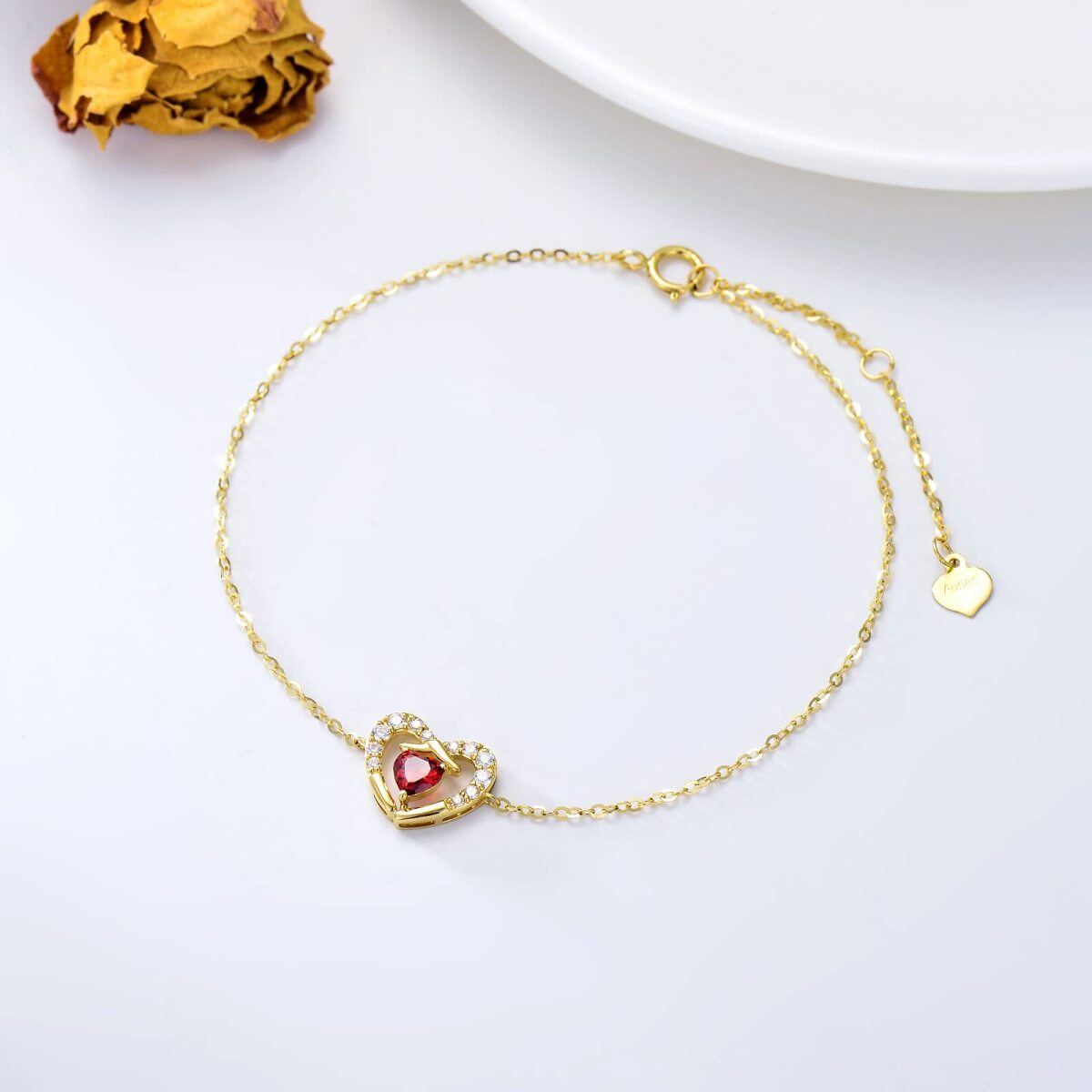 10K Gold Cubic Zirconia Heart Pendant Bracelet-4