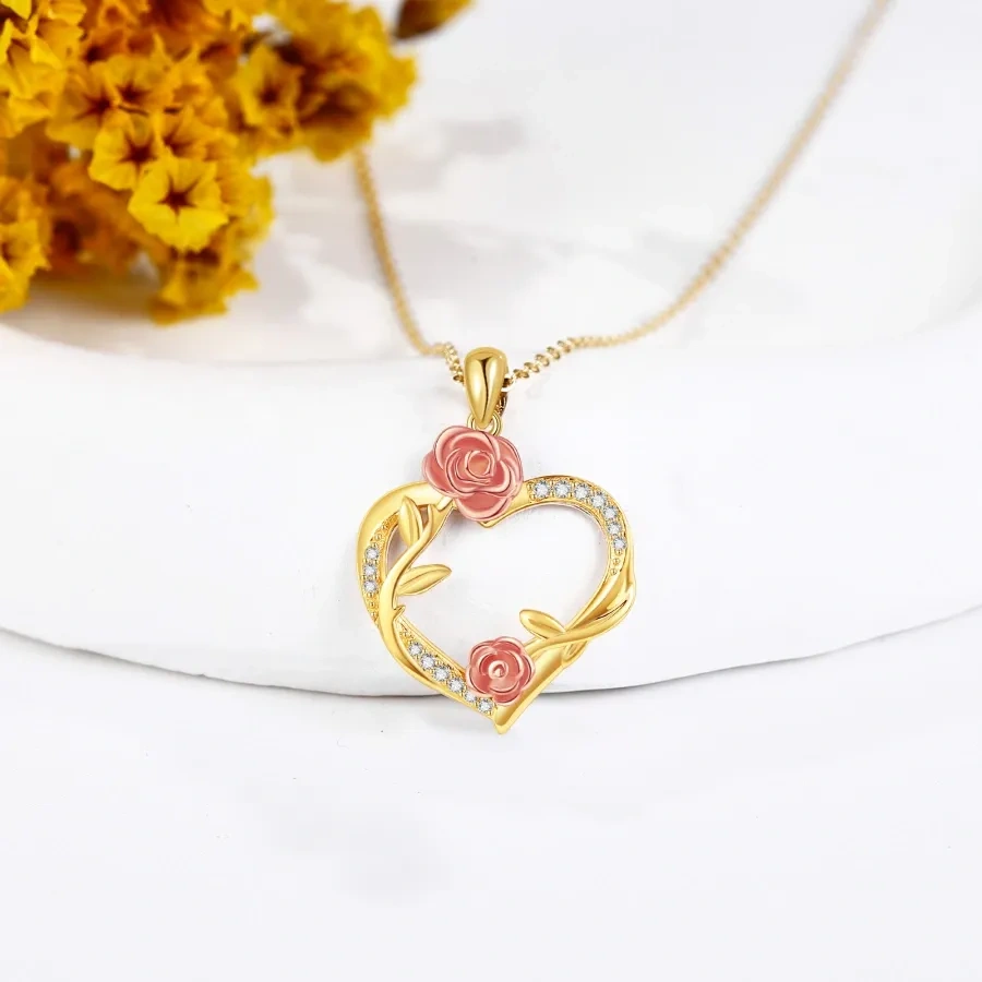 10K Gold Cubic Zirconia Rose Heart Necklace for Women-3