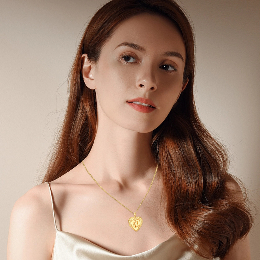 Sterling Silver with Yellow Gold Plated & Personalized Engraving Photo & Heart Cat Personalized Photo Locket Necklace-2