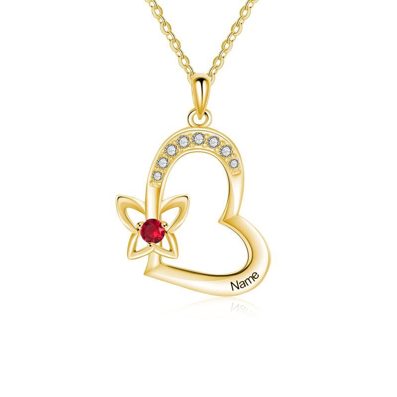 Collar con colgante de mariposa y corazón grabado personalizado en oro amarillo de 14 quilates para mujer-1